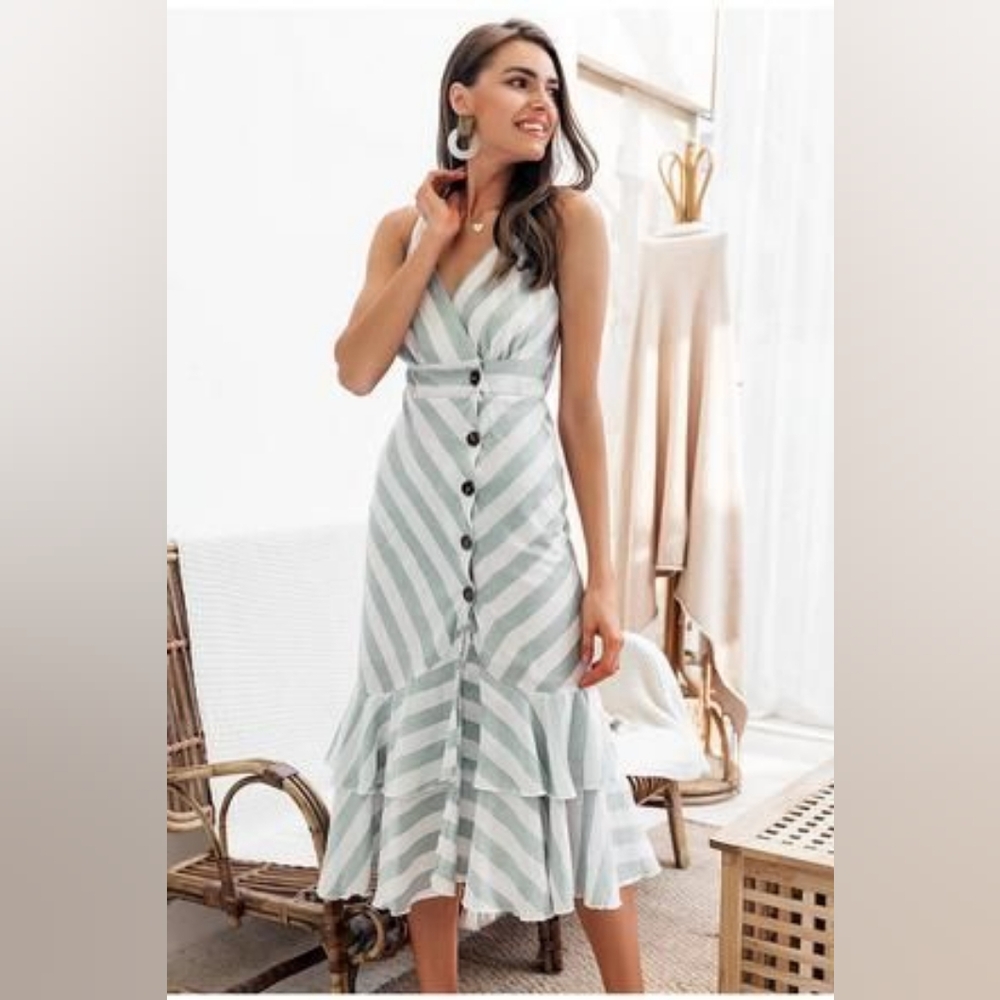 Striped Midi Dress in Green and White